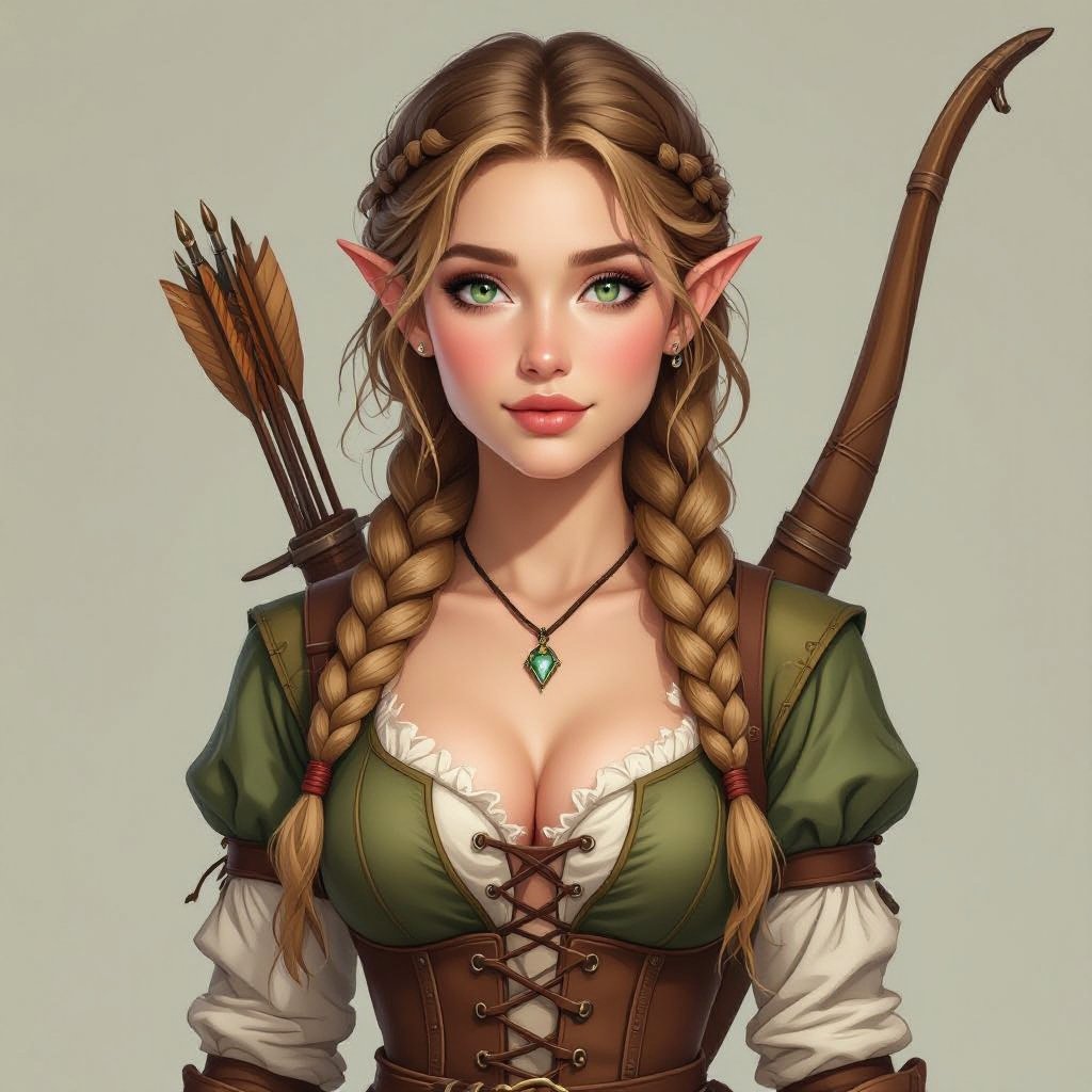 Young adult half elf woman. light brownish blonde hair that's braided into a single thick braid that comes over her shoulder. Delicate beauty, bright forest green eyes, blushed cheeks, and plump supple lips. She's wearing cloth and leather in various earth tones, with a corset that emphasis her exposed chest cleavage. She has a scimitar in a scabbard on her belt; as well as a shoulder holster for a spell book. She has a longbow in her hand and a quiver on her back.