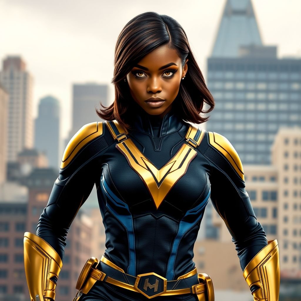 African American female superhero with hair in a shoulder length side part hairstyle with pure Gold Glowing eyes wearing a black blue and gold accented suit with navy blue pants and gold knee length boots with a V with the top half gold and the bottom half black as her chest emblem in Philadelphia