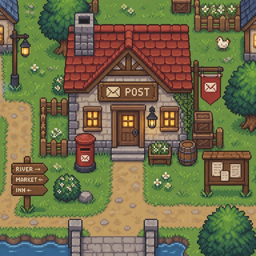 Village cozy post office for a modern fantasy game, exterior, top down style