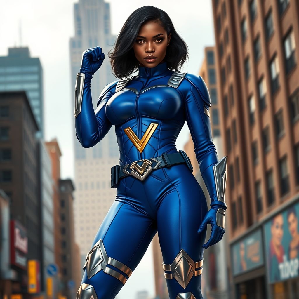 African American female superhero with hair  in a shoulder length side part hairstyle with pure Gold Glowing eyes wearing  slightly armored royal blue and silver accented suit with royal blue pants and silver knee length boots with a utility belt with a gold V  as her chest emblem in Philadelphia 