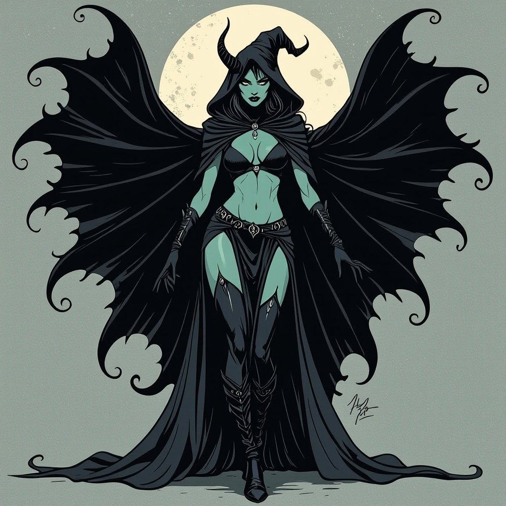 sexy shadow demon witch gypsy slate grey skin large black billowing cloak that emits darkness and shadow. Two piece