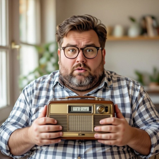 Create a funny fat guy who is has a book box radio 