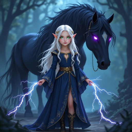 A small Elvin princes. She is age 10 and she is 4’ She has extra long hair flowing down her back to the ground. Her hair is platinum blonde. She has green eyes. her dress is a dark blue. It has a small key hold on her chess it is bell sleeves cuffing around her wrists. I has gold accents on the dress. her dress has layers it has 1 slit in the front of the dress. her dress is princess style She has small boots on that match her dress. Behind her is a giant shadow horse with purple glowing eyes. It is standing protectively around her. The horse is taller than her. She is casting chain lightning at someone in the distance.