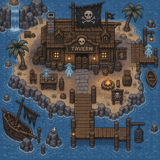 Ghost pirate tavern on island for a fantasy game set in modern times, exterior, top-down style,
