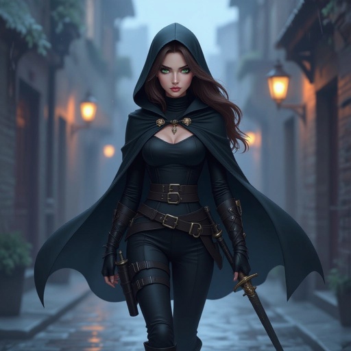 Human woman. Brown long hair and green big eyes. She wears a black cape. A wear  black turtleneck and black pants. She has a belt on which he carries daggers and swords. She wears high, heavy boots. She carries a short sword. She has a long sword on his back. She wears a hood. It's night. A dark alley. The screen is from below. A woman approaches us. A cold expression appears on her face. An amber necklace gleams around her neck. She wearing black armor. The woman is pale. She has a delicate beauty. Her eyes are painted black. She looks menacing. pale complexion