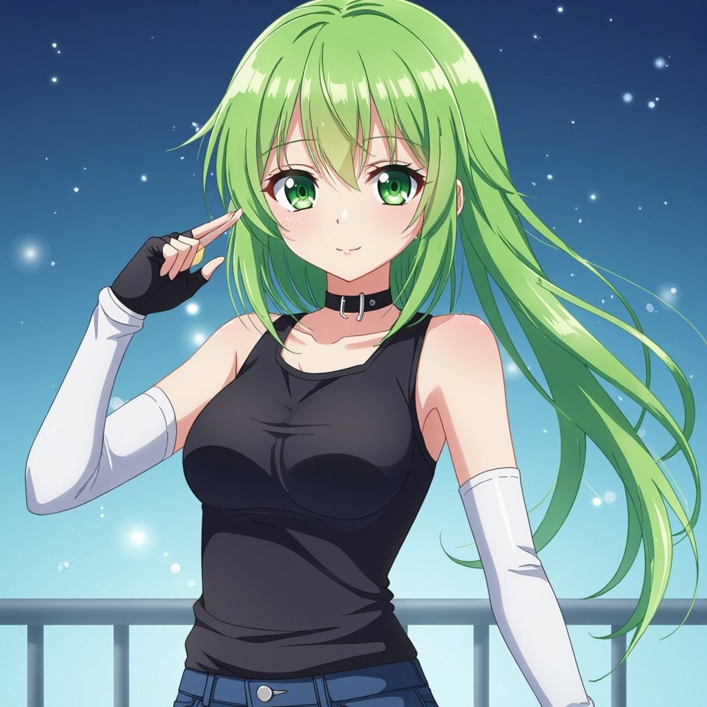 Green hair, blonde bangs, green eyes, black sleeveless top, midnight blue Jeans and white fingerless gloves