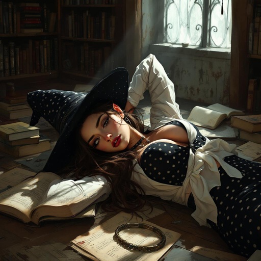 Brunette Elf Wizard Librarian with Long brunette hair in a tight black and white polka dot mini pencil skirt and a white open blouse and a big witches hat. She looks like is SO drunk laying on the floor of the library