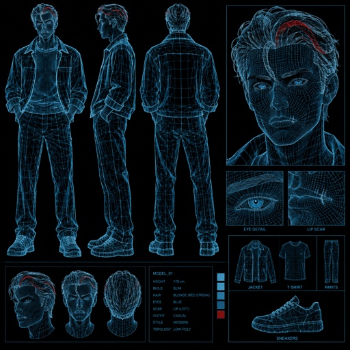 Male, blonde greased brushed back hair, curl on forehead, red streak in hair, scar on lip, blue eyes, slim, designer, cyan casual clothes,