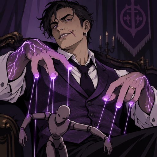 Male, black messy hair, brushed side hair, scar on upper and lower lip, ear piercing ring, mid 40s, slim, glowing purple hands, purple glowing veins, smiling, bad guy, purple vest, white shirt, wedding ring, puppeteer