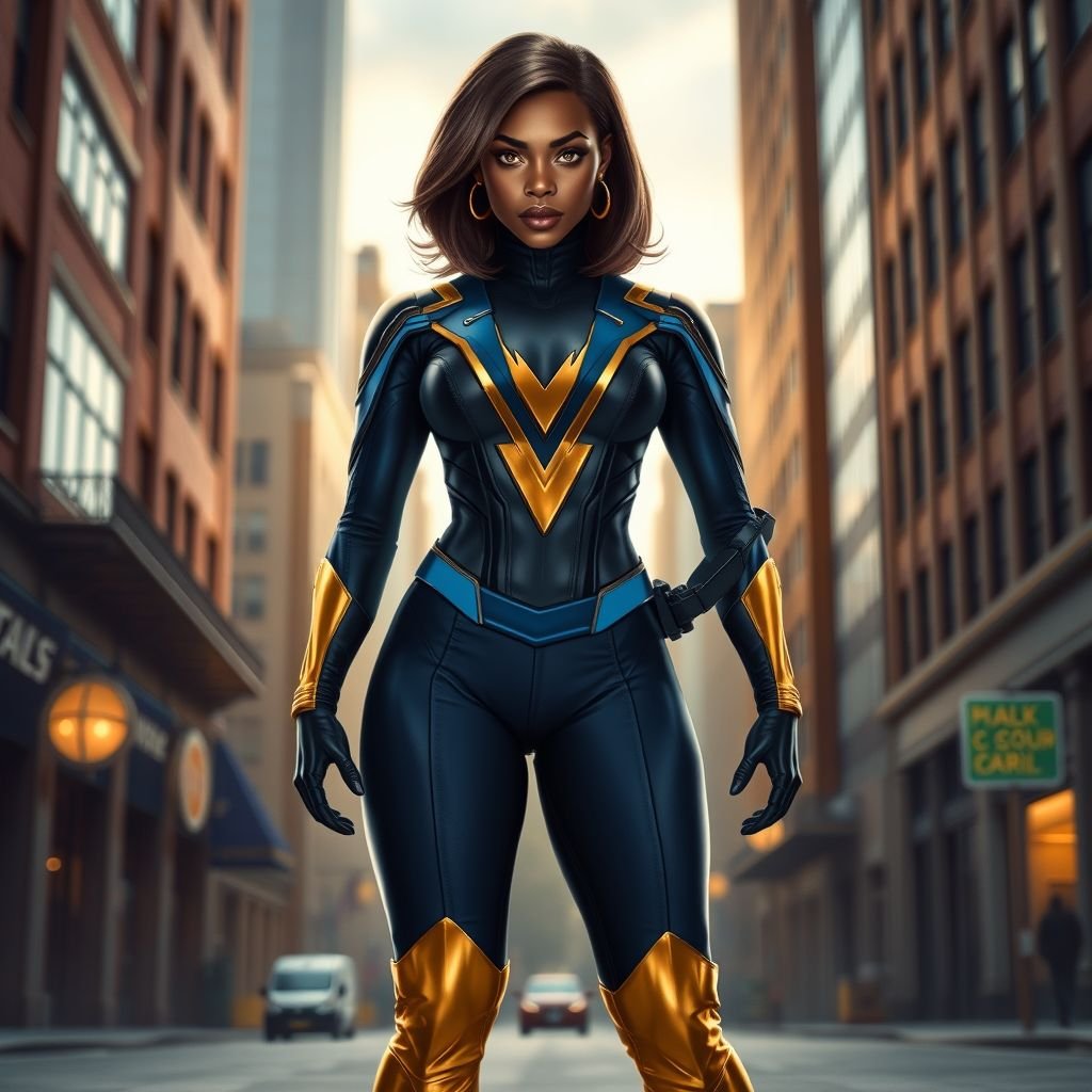 African American female superhero with hair in a shoulder length side part hairstyle with pure Gold Glowing eyes wearing a black blue and gold accented suit with navy blue pants and gold knee length boots with a V with the top half gold and the bottom half black as her chest emblem in Philadelphia
