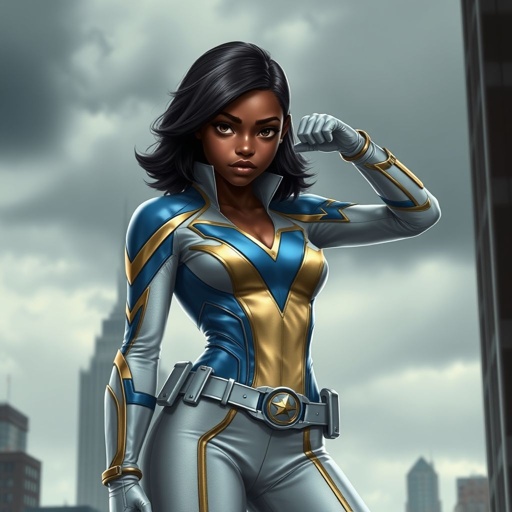 A teenage African American female superhero with hair in a shoulder length side part style wearing a partially leather white and Gold suit with blue accents and a stylized V as her chest emblem a utility belt and silver boots standing in Philadelphia during a cloudy day 