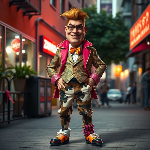 Create a funny arrogant character , showing him head to toe like his whole outfit 