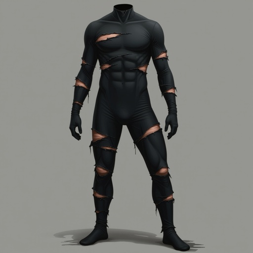 shredded torn ripped tight black spandex suit torn and ripped a lot damaged wear and tear