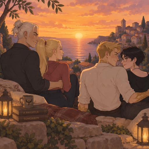 Kado Thorne from Fortnite medium length white back hair bun pale skin, Samus Aran zero suit, Midas from Fortnite pale skin, Bayonetta from super smash bros short hair, watching the sunset, double date, all wearing casual clothes, no facial hair, clean shaven 