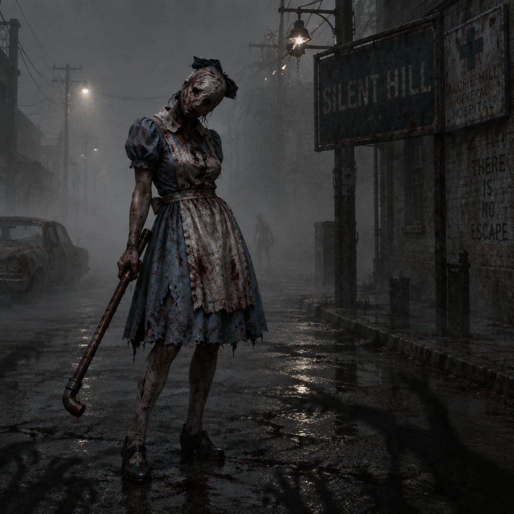 Silent hill with the nurse from the silent hill movie but in Alice’s dress from Alice in wonderland