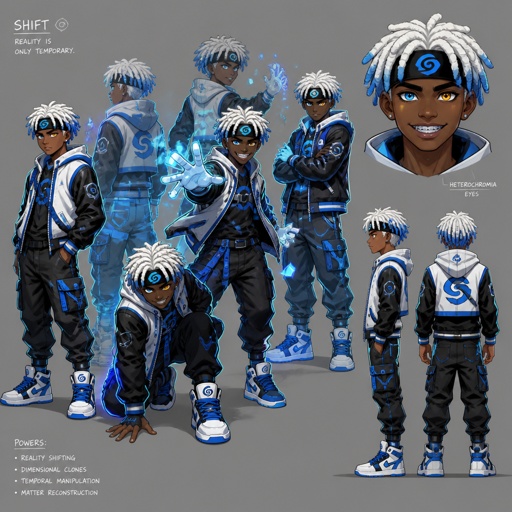 Male superhero with reality shifting, African American, teenager, headband, white dreads blue tips, heterochromia, braces, multiple of the same character 