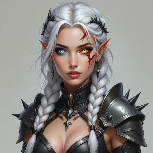 Tall 6,5 woman with sharp features, white mid-length messy braided hair with black streaks. Her right eye is a bright glowing ice blue and her left eye is a bright glowing amber auburn and she had a smooth clean scar through her left eye. She had silver and black scale patches on the right side of her chest that speed up the right side of her neck and part of her face and down part of her right arm. She has heavy metallic arm pieces which fold tiny, black metal spike knives She has metal shoulder plates and guard around her shoulder, but an open chest until her breast (she is fully covered)  
