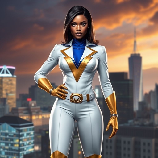 African American female superhero with hair in a shoulder length side part hairstyle with pure Gold Glowing eyes wearing a white suit with gold and royal blue with white pants and gold knee length boots with a utility belt with a gold V as her chest emblem in Philadelphia