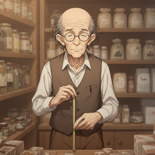 Old man, shop owner, small glasses, thin, frail, balding, brown and gray hair, wrinkles, has a measuring tape, a vest, long sleeves, brown pants