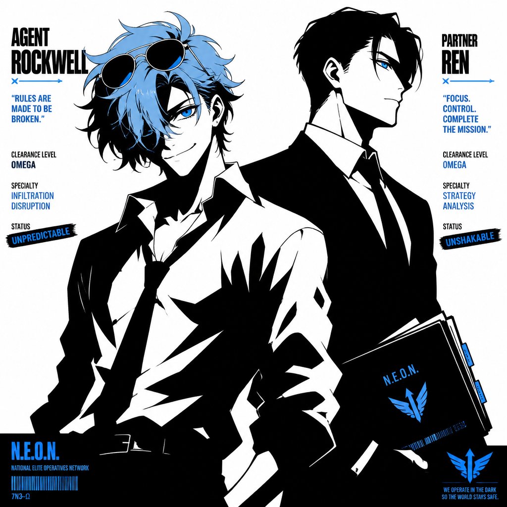 Comic Anime Agent Rockwell very poof up messy hair half side longer and drooped down hair is a light blue skin color white, very bright blue eyes, wears a suit tie is loose, he doesn't wear his jacket his collar to his shirt is uneven sunglasses on his head He's know for his mischievous and reckless behavior but takes missions very seriously is one of the best agents they have Ren is Rockwell's partner is very serious and organized opposite of Rockwell, get very annoyed at Rockwell's behavior they tend to argue with each other but Rockwell is more of having fun