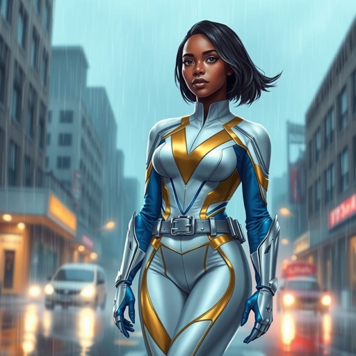 A teenage African American female superhero with hair in a shoulder length side part style wearing a white and Gold suit with blue accents and a stylized V as her chest emblem a utility belt and silver boots standing in Philadelphia during a rain storm 