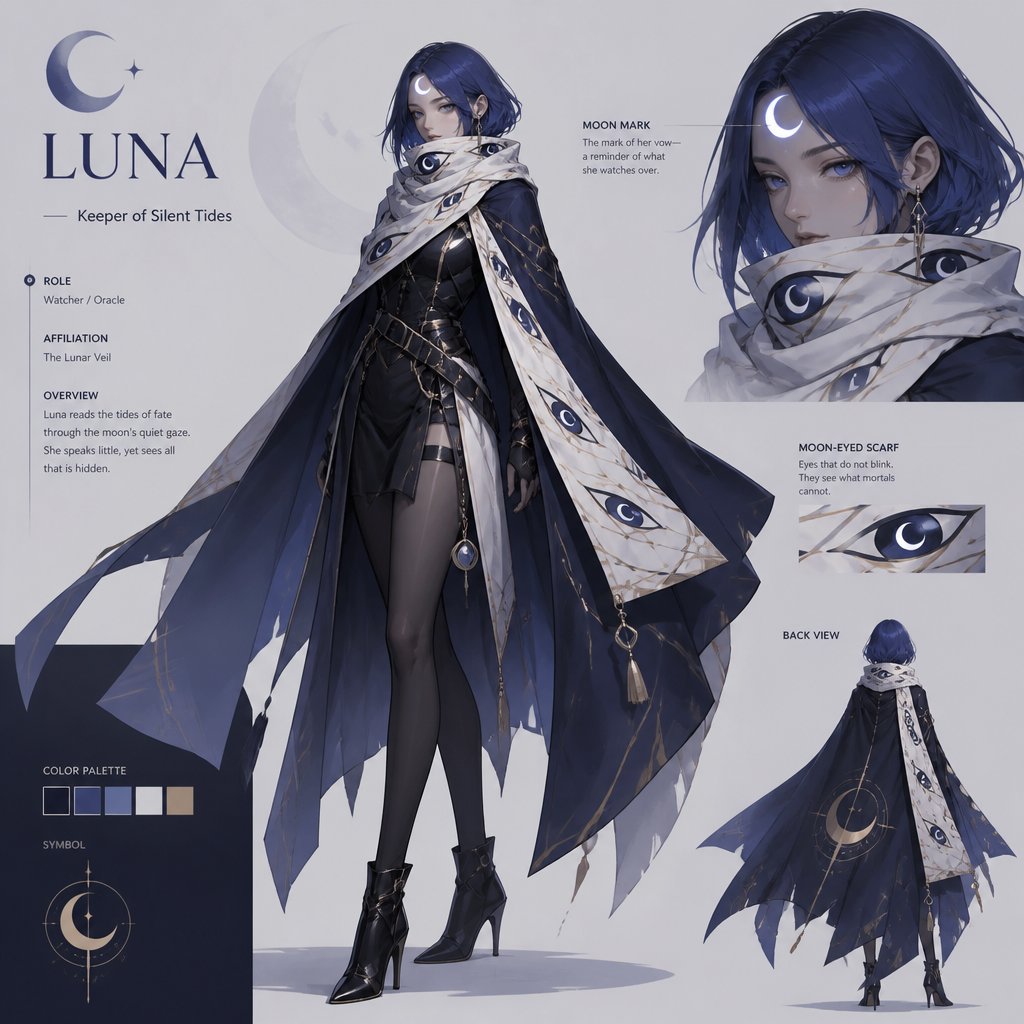 female with moon mark on head blue long bob hair with cape moon eye scarf