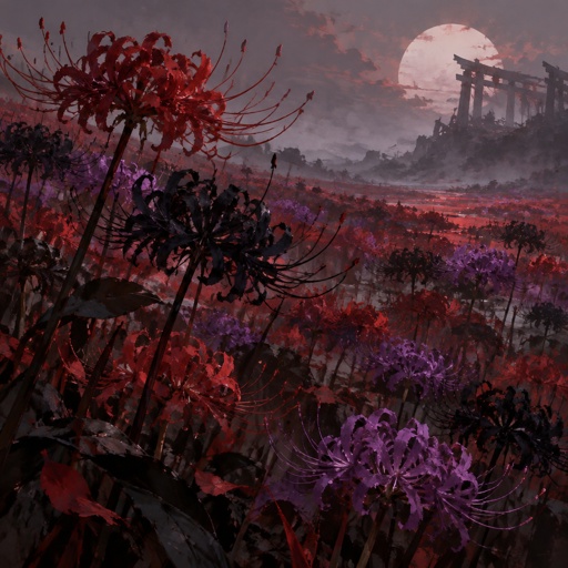 A field of Black, red and purple spider lillies 