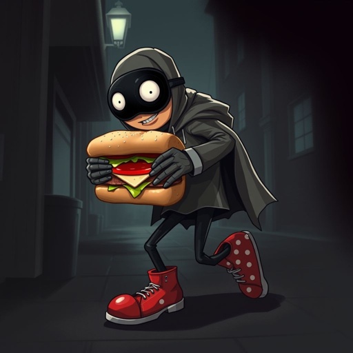Create a funny looking clumsy sandwhich thief with funny shoes on. Make him have on the bandit black thing around his eyes 