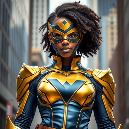 A teenage African American female superhero wearing a domino style mask with slightly curly hair in a shoulder length side part style wearing a slightly armored polyester and leather gold suit with blue accents gold pants and a stylized V as her chest emblem a utility belt and blue boot heel less standing in Philadelphia