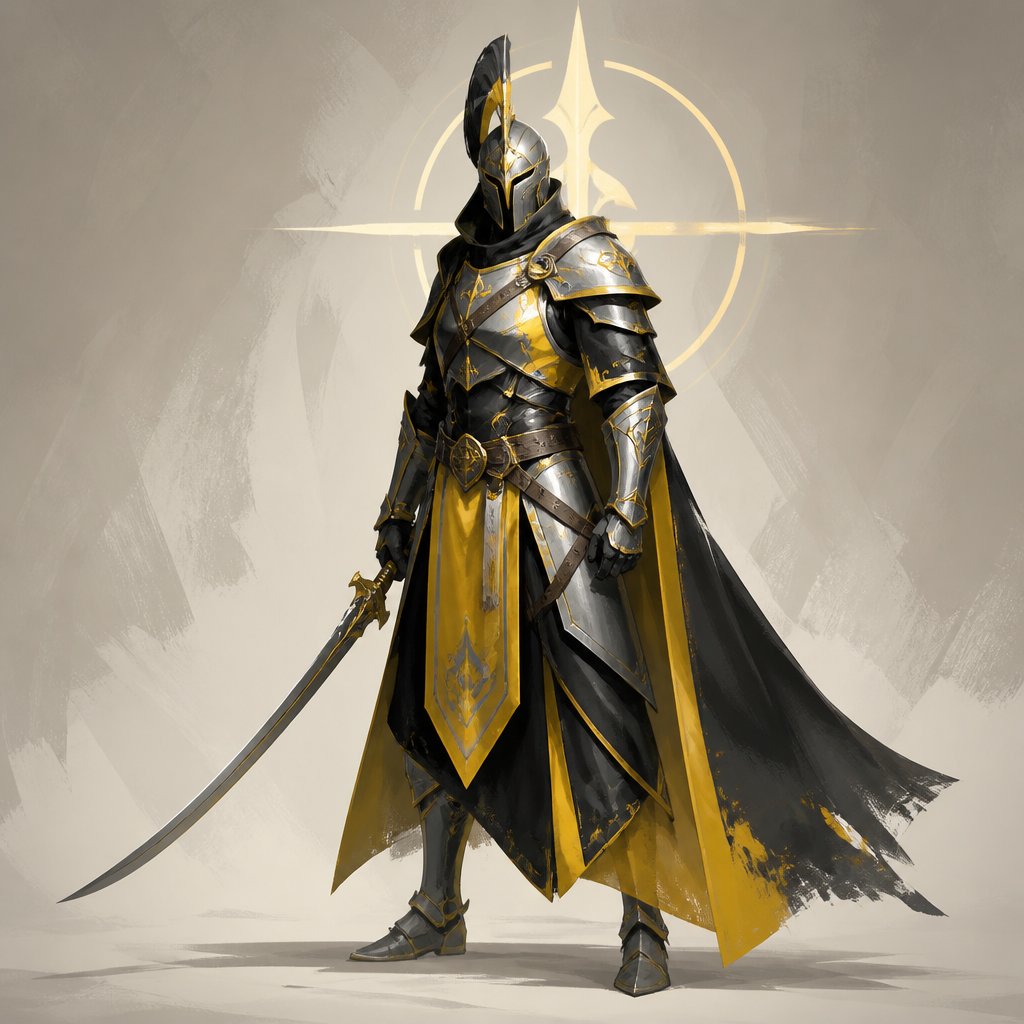 assassin, long curved sword, crested helmet, armor colors black yellow grey silver gold, luminous lord