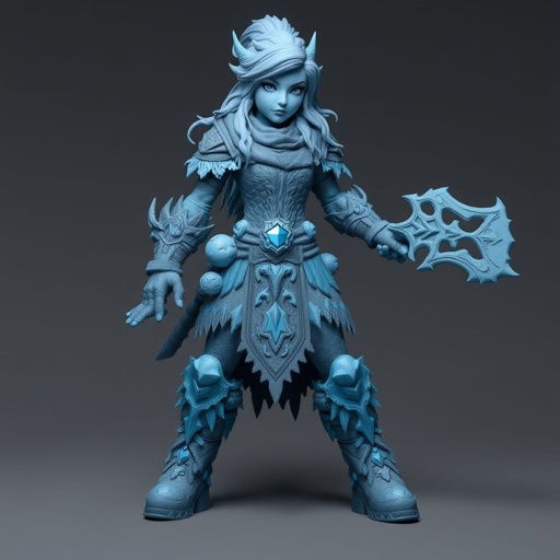 Create a battle woman hero called Alvara the Frostheart. Show full body head to toe including shoes