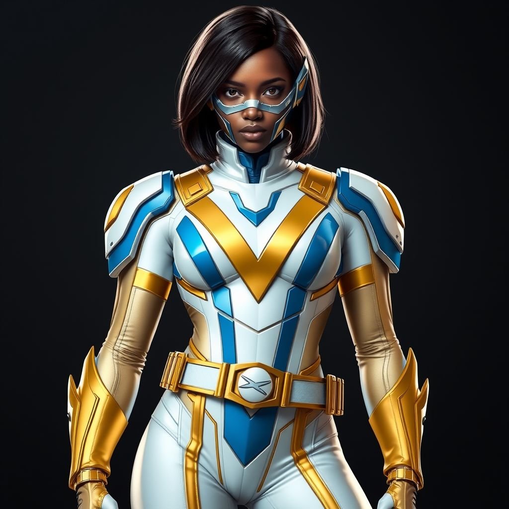 A teenage African American female with shoulder length hair  in a side part style superhero  wearing an armored MASK and a slightly armored white and gold suit with white pants and blue accents and a stylized V as her chest emblem a utility belt and gold boots