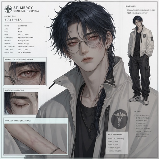 Anime male in his 20s part Asian part white dark blue hair messy in a braid clean shaven wearing a baggy jacket,is a weapon and good at everything highly skilled,late 20s, tired, tall, migraines, sensitive to light,sarcastic ,red eyes,serious face experiment,coffee, hates people he has powers he could use but doesn't have full control dangerous hates being told what to do,one eye damage, glasses,spiders,earrings will agree to help but on his terms or for a price hard to figure out what his true emotions are or if he even has any,doesn’t remember anything from his past before the experiment,high and mighty scary 