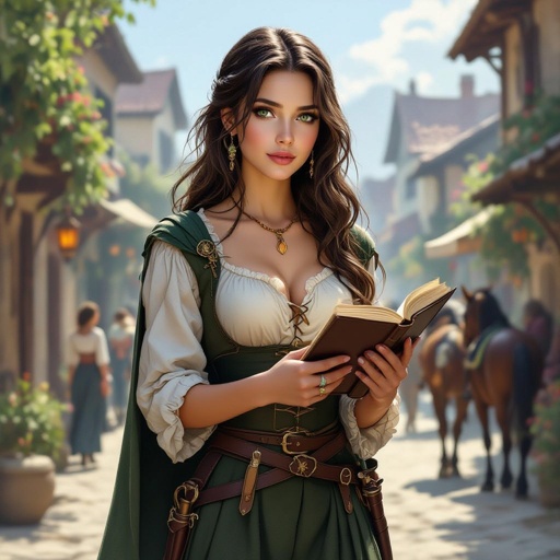 Human. Normal ears. A young human woman. Rouge. Thief. 
Long brown hair, large green eyes. Pale complexion. Delicate beauty. Holding a book. She's wearing an elegant shirt that reveals her shoulders and an amber necklace. She's wearing long black pants and a green skirt that's shorter in the front. A village is in the background. People are walking by. A dagger at her belt.  Horses are visible. It's daytime. The woman is looking around
. realistic atmosphere. More realistic. No major jewelry. She wears no rings or earrings. She has a green cape. She turns her head to follow someone. 