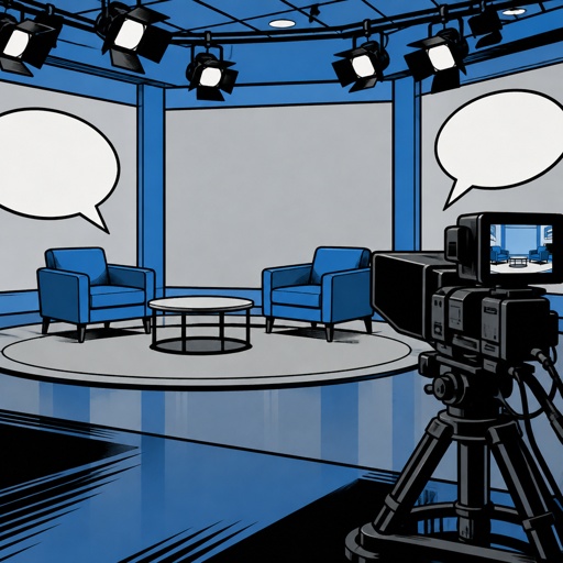 We are in a TV studio, whose main colours are blues and grays, the walls are neutral and blank, so that text can be written on them lights from the ceiling and the TV camera on one side