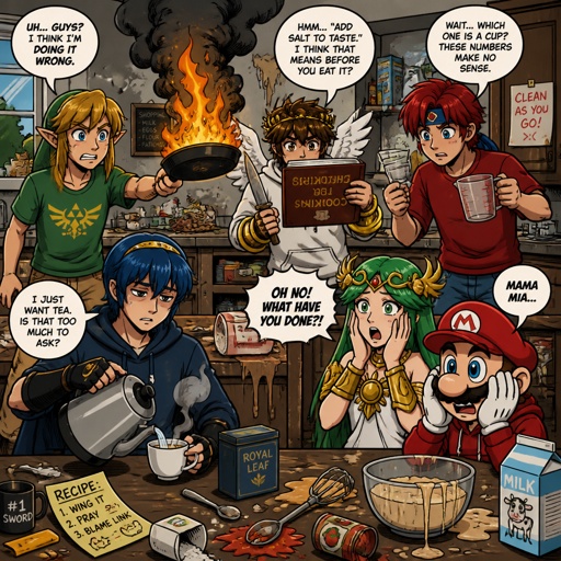 Super smash brothers link from legend of Zelda, pit from kid Icarus, Marth from fire emblem,Roy from fire emblem, there trying to make breakfast Roy looking at the measuring cups saying "which one do I use?" link holding pan that's on fire, pit trying to read the cookbook but it's upside down and holding a knife near a cutting board,Marth making himself some tea with a tired face expression think “why did I get up”, Palutena comes into the kitchen and yells "what are you guys doing!" Mario seeing the mess and saying saying "Mama mia!" All in casual clothes