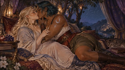 high-fantasy vibrant, colorful, stylized historical D&D painted illustration of two adult women sprawled out to lounge together under a starry canopy of trees with curtains at midnight. the first is elegant, and thin with long pale blond hair and wide brown eyes, wearing a pastel embroidered cloak with a gold choker. second is a dark tan-skinned, strong, tall, curvy woman with wavy bobbed teal hair, freckles, and silvery constellation tattoos, with vibrant farm attire. she is curled into the first woman as they kiss