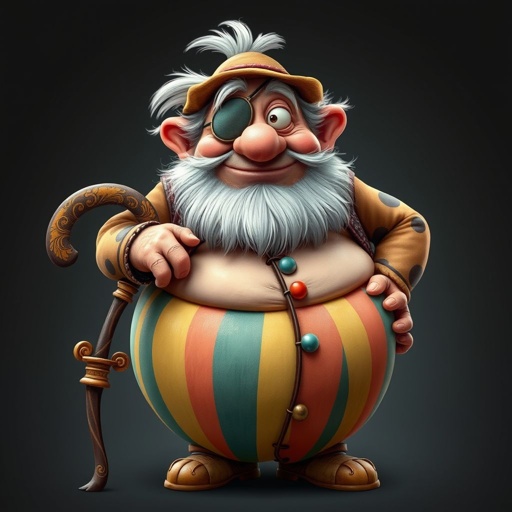 Create a funny old character who has 1 eye patched. Make him fat with a cane. Show his whole character head to toe in image 
