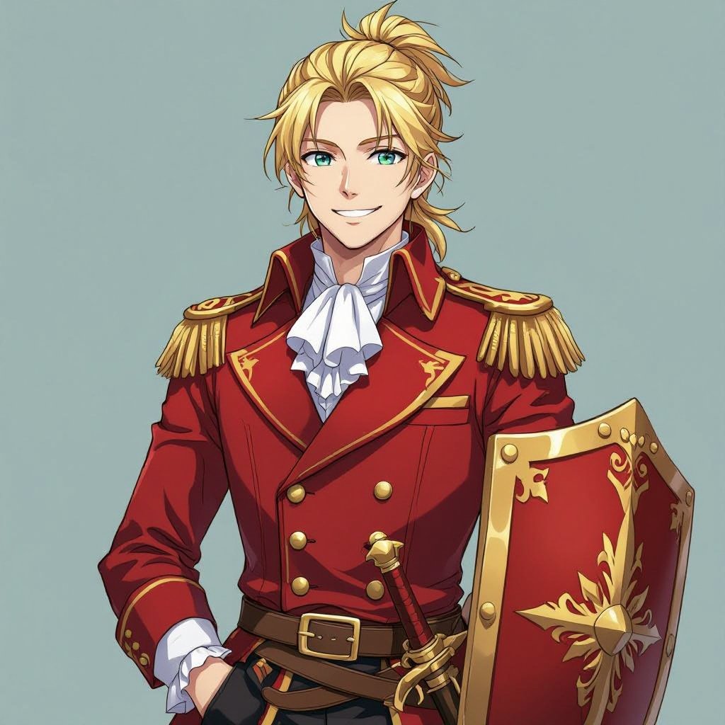 Male, human, blonde hair tied back, smiling, happy, noble clothes, red double-breasted suit jacket, gold buttons, belt, sword and shield