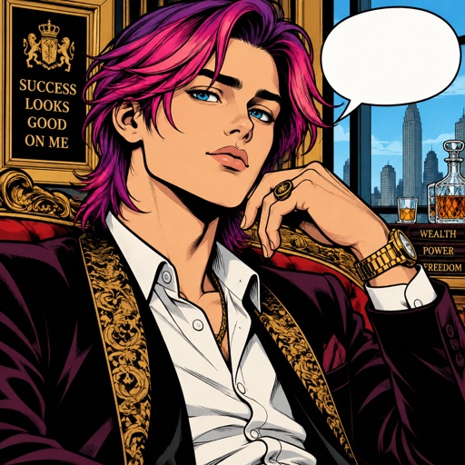 Male name Andrew, rich boy, isolated till he was 16, has neat neck long swooped on left side the bottom of his hair is stick up and pointy looking both sides fuchsia purple hair that gets more purple the further down it goes, beautiful Azure eyes, gives sassy look at people,quiet, easily overwhelmed, only friend is his next door neighbors son whose name is jack the lead star of baseball team and jack has a girlfriend named rose