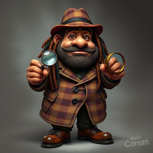 Create a funny fat character similar to Sherlock Holmes, but make him of black decent and with dread locks. Show his whole outfit including his shoes.