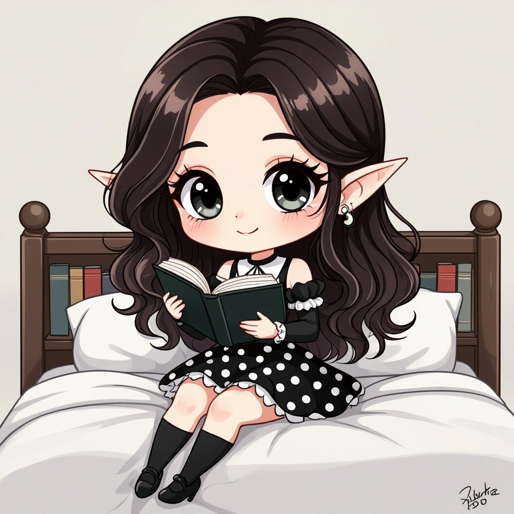 Dark Brunette Elf Witch Librarian in Black and white Polka Dot Mini Pencil Skirt laying on Library Bed