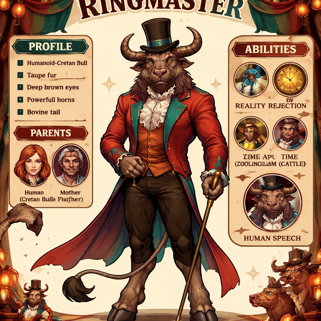 A 6 1/2 foot tall, well~proportioned male Minotaur with a humanoid-Cretan bull smooched face with deep set bovine brown eyes, large powerful gleaming horns like his fathers and a bovine tail. His skin and fur being a captivating Taupe color. He works at a freak show as the ringmaster. His outfit consists of a crimson and teal tailcoat, frilly shirt, stunning copper blazer, black pants and top hat. His abilities are Reality Rejection, Time Manipulation (Chronokineses), Zoolingualism (Language of Cattle only), Human Speech. His mother is a human with some animal (Cretan Cattle) physiology and his father is a Cretan Bull.