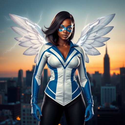 African American female superhero with shoulder length hair in a side part style and wings made of white lightning wearing a domino mask wearing a slightly homemade white blue and black suit with black pants with a stylized V as her chest emblem wearing blue flat boots made of gold standing in Philadelphia at dusk