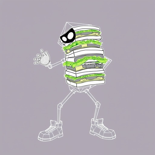 Create a funny looking clumsy sandwhich thief with funny shoes on. Make him have on the bandit black thing around his eyes 