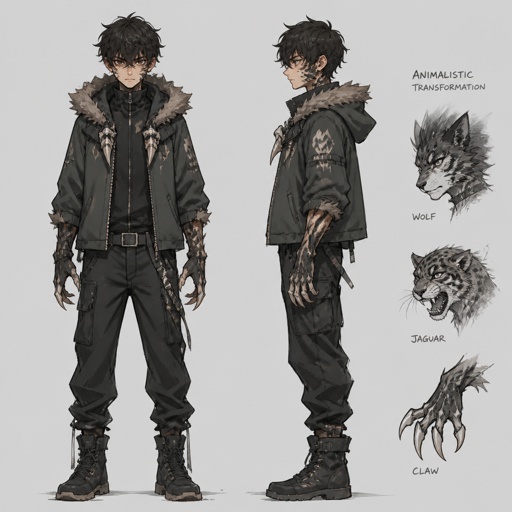 male villian with the ability to partly transform into animals outfit design teanager