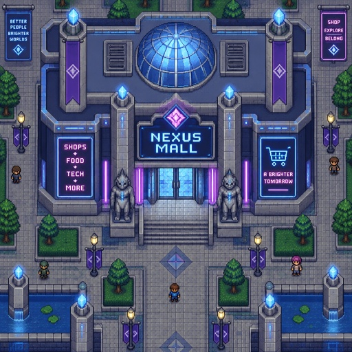 Outside of Mall full building for a futuristic fantasy city game, exterior, top down style