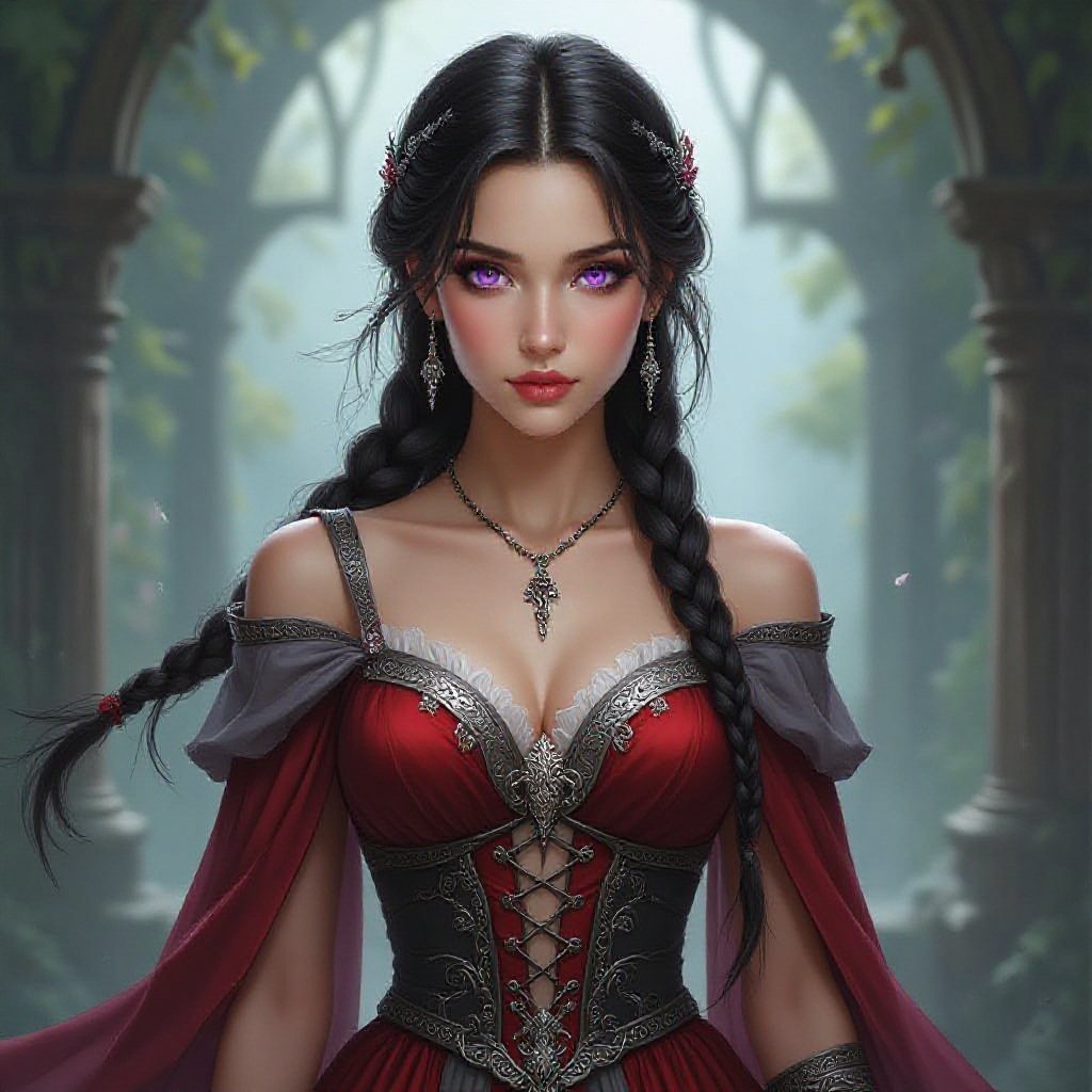 Princess. Dark braided hair. Violet eyes. Short and lean build. Wearing a red and grey dress.