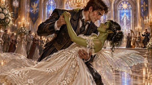 high-fantasy stylized historical D&D painted illustration of two people tenderly and happily dancing together in a grand, opulent, glittering castle with stained glass windows. The man is a tall handsome roguish man with blue eyes, brown curly hair, and a face scar wearing a fancy suit. He is dipping a short, strong and fit, stunning, green-skinned fairy woman with dark hair and freckles. She is wearing an intricate stunning flowing wedding gown with glittering wings.