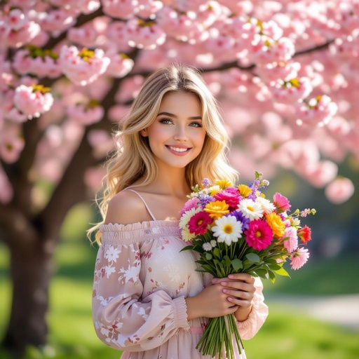 A blonde girl with big boobs in the spring 
